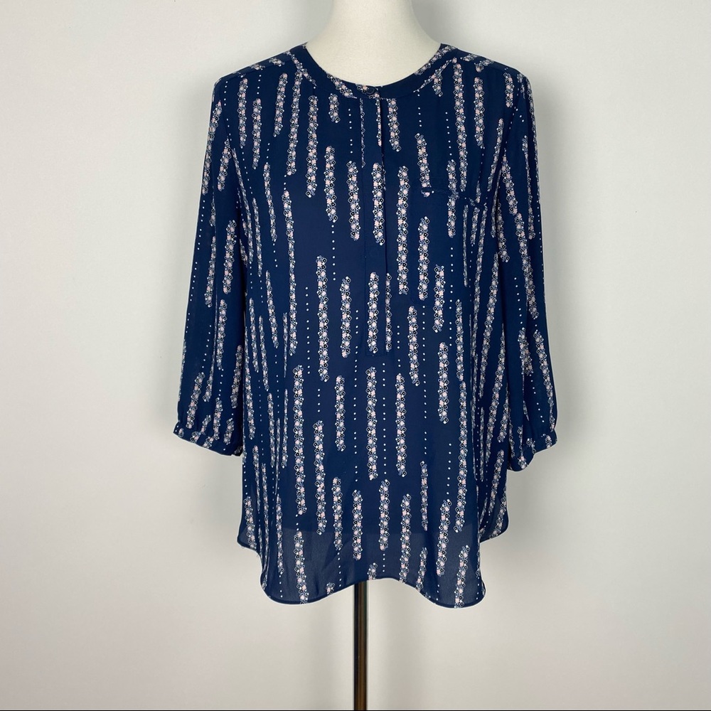 NYDJ Womens Blouse Blue Floral Tunic Top Pintuck Pleated Back 1/2 Button